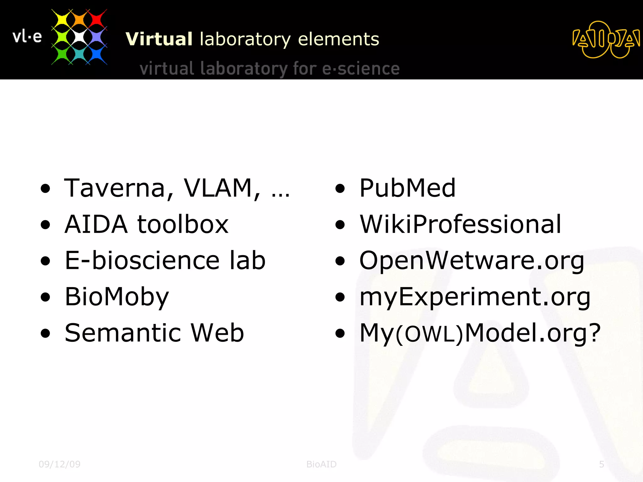 Virtual  laboratory elements Taverna, VLAM, … AIDA toolbox E-bioscience lab BioMoby Semantic Web PubMed WikiProfessional OpenWetware.org myExperiment.org My (OWL) Model.org? 