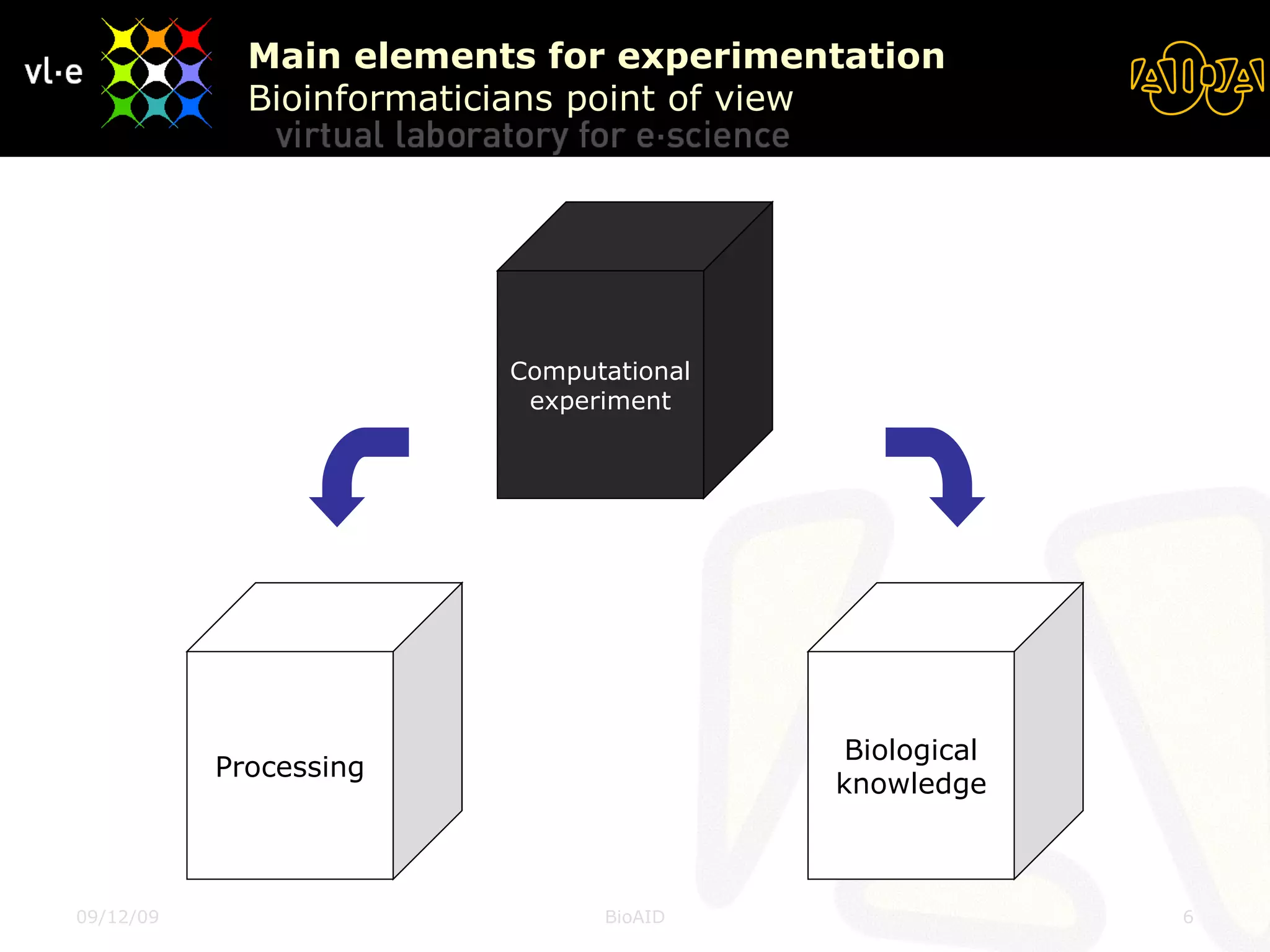 Main elements for experimentation Bioinformaticians point of view Computational experiment Processing Biological knowledge 
