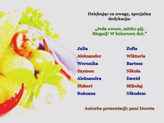 Dziękując zzaa uuwwaaggęę,, ssppeeccjjaallnnaa 
ddeeddyykkaaccjjaa:: 
„„JJeeddzz oowwooccee,, mmlleekkoo ppiijj.. 
BBiieeggnniijj!! WW kkoolloorroowwee ddnnii..”” 
JJuulliiaa ZZooffiiaa 
AAlleekkssaannddeerr WWiikkttoorriiaa 
WWeerroonniikkaa BBaarrttoosszz 
SSzzyymmoonn NNiikkoollaa 
AAlleekkssaannddrraa DDaawwiidd 
HHuubbeerrtt MMiikkoołłaajj 
RRookkssaannaa NNiikkooddeemm 
AAuuttoorrkkaa pprreezzeennttaaccjjii:: ppaannii DDoorroottaa 
