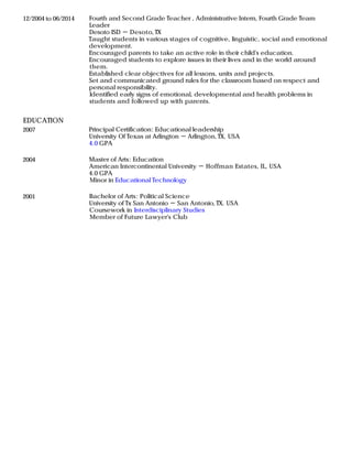 EDUCATION
12/2004 to 06/2014 Fourth and Second Grade Teacher , Administrative Intern, Fourth Grade Team
Leader
Desoto ISD － Desoto, TX
Taught students in various stages of cognitive, linguistic, social and emotional
development.
Encouraged parents to take an active role in their child's education.
Encouraged students to explore issues in their lives and in the world around
them.
Established clear objectives for all lessons, units and projects.
Set and communicated ground rules for the classroom based on respect and
personal responsibility.
Identified early signs of emotional, developmental and health problems in
students and followed up with parents.
2007 Principal Certification: Educational leadership
University Of Texas at Arlington － Arlington, TX, USA
4.0 GPA
2004 Master of Arts: Education
American Intercontinental University － Hoffman Estates, IL, USA
4.0 GPA
Minor in Educational Technology
2001 Bachelor of Arts: Political Science
University of Tx San Antonio － San Antonio, TX, USA
Coursework in Interdisciplinary Studies
Member of Future Lawyer's Club
 