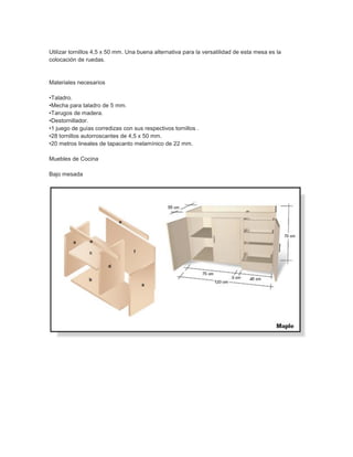 Utilizar tornillos 4,5 x 50 mm. Una buena alternativa para la versatilidad de esta mesa es la
colocación de ruedas.
Materiales necesarios
•Taladro.
•Mecha para taladro de 5 mm.
•Tarugos de madera.
•Destornillador.
•1 juego de guías corredizas con sus respectivos tornillos .
•28 tornillos autorroscantes de 4,5 x 50 mm.
•20 metros lineales de tapacanto melamínico de 22 mm.
Muebles de Cocina
Bajo mesada
 
