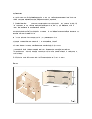 Bajo Mesada:
1. Aplicar la solución de borde Melamínico o de otro tipo. Es recomendable enchapar todos los
cantos para darle mayor protección contra la humedad al mueble.
2 . Fijar los laterales ( a ) y las placas que actuarán como divisorio ( d ), a la base del mueble (b)
con tornillos 4 x 50 mm, para las fijaciones se deben utilizar dos torn illos por tabla. Tener en
cuenta que el mueble se atornilla desde la base.
3. Colocar las piezas ( e ) utilizando dos tornillos 4 x 50 mm, según el esquema. Fijar las piezas (d)
a las (e) utilizando dos escuadras.
4 . Coloque el fondo (f) con clavos de 3/4" con cabeza cada 15 cm.
5. Ubique los soportes para el estante (c) en el interior del mueble.
6. Para la colocación de las puertas se debe utilizar bisagras tipo Ferrari.
7. Coloque las guías para los cajones, la primera guía se debe colocar en los laterales
correspondientes y sobre la base del mueble, el resto se debe colocar dejando un espacio de 16
cm entre ellos.
8. Coloque las patas del mueble, se recomienda que sean de 10 cm de altura.
Alacena
 