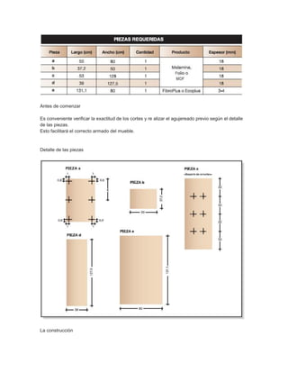Antes de comenzar
Es conveniente verificar la exactitud de los cortes y re alizar el agujereado previo según el detalle
de las piezas.
Esto facilitará el correcto armado del mueble.
Detalle de las piezas
La construcción
 