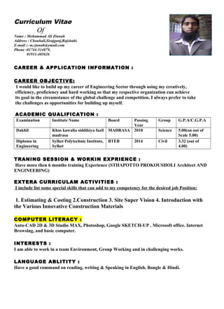 Curriculum Vitae
Of
Name : Mohammad Ali Zinnah
Address : Chouhali,Sirajganj,Rajshahi.
E-mail :- m.zinnah@ymail.com
Phone :01744-514879,
01911-405626
CAREER & APPLICATION INFORMATION :
CAREER OBJECTIVE:
I would like to build up my career of Engineering Sector through using my creatively,
efficiency, proficiency and hard working so that my respective organization can achieve
its goal in the circumstance of the global challenge and competition. I always prefer to take
the challenges as opportunities for building up myself.
ACADEMIC QUALIFICATION :
Examination Institute Name Board Passing
Year
Group G.P.A/C.G.P.A
Dakhil Khas kawalia siddikiya fazil
madrasa
MADRASA 2010 Science 5.00(on out of
Scale 5.00)
Diploma in
Engineering
Sylhet Polytechnic Institute,
Sylhet
BTEB 2014 Civil 3.32 (out of
4.00)
TRANING SESSION & WORKIN EXPRIENCE :
Have more then 6 months training Experience (STHAPOTTO PROKOUSHOLI Architect AND
ENGINEERING)
EXTERA CURRICULAM ACTIVITIES :
I include list some special skills that can add to my competency for the desired job Position:
1. Estimating & Costing 2.Construction 3. Site Super Vision 4. Introduction with
the Various Innovative Construction Materials
COMPUTER LITERACY :
Auto-CAD 2D & 3D Studio MAX, Photoshop, Google SKETCH-UP , Microsoft office. Internet
Browsing, and basic computer.
INTERESTS :
I am able to work in a team Environment, Group Working and in challenging works.
LANGUAGE ABLITITY :
Have a good command on reading, writing & Speaking in English, Bangle & Hindi.
 