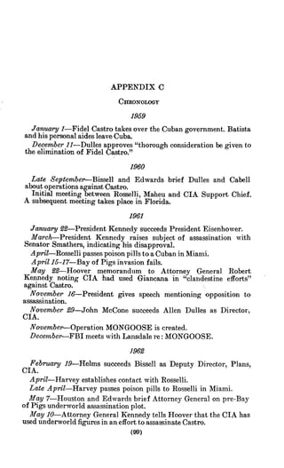 APPENDIX C
CHRONOLOGY
1959
January1-Fidel Castro takes over the Cuban government. Batista
and his personal aides leave Cuba.
December11-Dulles approves "thorough consideration be given to
the elimination of Fidel Castro."
1960
Late September-Bissell and Edwards brief Dulles and Cabell
about operations against Castro.
Initial meeting between Rosselli, Maheu and CIA Support Chief.
A subsequent meeting takes place in Florida.
1961
January22-President Kennedy succeeds President Eisenhower.
March-President Kennedy raises subject of assassination with
Senator Smathers, indicating his disapproval.
April-Rosselli passes poison pills to a Cuban in Miami.
April 15-17-Bay of Pigs invasion fails.
May 9--Hoover memorandum to Attorney General Robert
Kennedy noting CIA had used Giancana in "clandestine efforts"
against Castro.
November 16-President gives speech mentioning opposition to
assassination.
November 29-John McCone succeeds Allen Dulles as Director,
CIA.
November-Operation MONGOOSE is created.
December-FBI meets with Lansdale re: MONGOOSE.
1962
February 19-Helms succeeds Bissell as Deputy Director, Plans,
CIA.
April-Harvey establishes contact with Rosselli.
Late April-Harvey passes poison pills to Rosselli in Miami.
May 7-Houston and Edwards brief Attorney General on pre-Bay
of Pigs underworld assassination plot.
May 10-Attorney General Kennedy tells Hoover that the CIA has
used underworld figures in an effort to assassinate Castro.
(99)
 