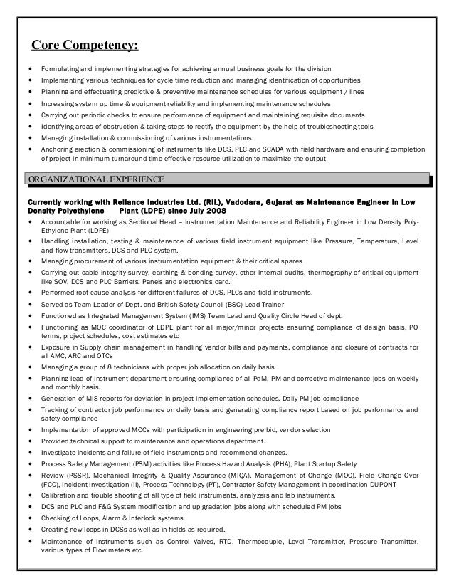 Instrumentation Engineer Resume With Year Experience Instrumentation Engineer Resume With Year Experience