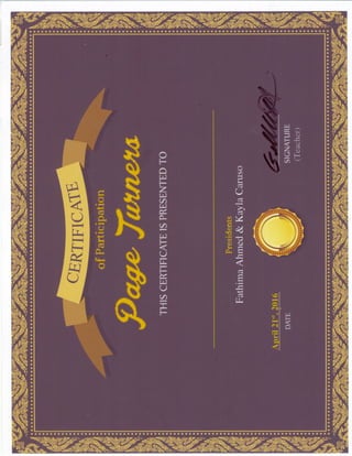 Page Turners Certificate