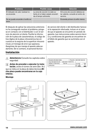 Problema Posible causa Solución
El indicador de calor residual no
se enciende.
La zona de cocción no está ca-
liente al no haber estado encendi-
da el tiempo suficiente.
Si la zona de cocción debiera es-
tar caliente, consulte al centro de
servicio.
No se puede encender el anillo ex-
terior.
Encienda primero el anillo interior.
Si después de aplicar las soluciones anteriores
no ha conseguido resolver el problema, pónga-
se en contacto con el distribuidor o con el ser-
vicio de atención al cliente. Facilite la informa-
ción de la placa de características, el código de
tres dígitos de la placa vitrocerámica (se en-
cuentra en la esquina de la superficie vitrocerá-
mica) y el mensaje de error que aparezca.
Asegúrese de que maneja el aparato adecua-
damente. De lo contrario, el personal técnico
de servicio del cliente o del distribuidor factura-
rá la reparación efectuada, incluso en el caso
de que el aparato se encuentre en periodo de
garantía. Las instrucciones sobre servicio técni-
co y condiciones de garantía se encuentran en
el folleto de garantía que se suministra con el
aparato.
Instalación
Advertencia Consulte los capítulos sobre
seguridad.
Antes de proceder a ejecutar la insta-
lación, anote el número de serie (Ser. Nr.)
que se indica en la placa de datos técnicos.Di-
cha placa puede encontrarse en la caja
inferior.
ZEV6041XBA 949 595 544 00
58 AAD 65 ZO
ZANUSSI
220-240 V 50-60 Hz
6,4 kW
Montaje
min.
50mm
min.
500mm
min.
55mm
R 5mm
560+1mm490+1
mm
14 www.zanussi.com
 