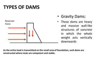 TYPES OF DAMS
• Gravity Dams:
• These dams are heavy
and massive wall-like
structures of concrete
in which the whole
weight acts vertically
downwards
Reservoir
Force
As the entire load is transmitted on the small area of foundation, such dams are
constructed where rocks are competent and stable.
 
