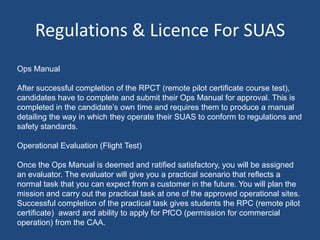 Regulations & Licence For SUAS
Ops Manual
After successful completion of the RPCT (remote pilot certificate course test),
candidates have to complete and submit their Ops Manual for approval. This is
completed in the candidate’s own time and requires them to produce a manual
detailing the way in which they operate their SUAS to conform to regulations and
safety standards.
Operational Evaluation (Flight Test)
Once the Ops Manual is deemed and ratified satisfactory, you will be assigned
an evaluator. The evaluator will give you a practical scenario that reflects a
normal task that you can expect from a customer in the future. You will plan the
mission and carry out the practical task at one of the approved operational sites.
Successful completion of the practical task gives students the RPC (remote pilot
certificate) award and ability to apply for PfCO (permission for commercial
operation) from the CAA.
 