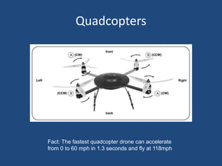 Quadcopters
Fact: The fastest quadcopter drone can accelerate
from 0 to 60 mph in 1.3 seconds and fly at 118mph
 