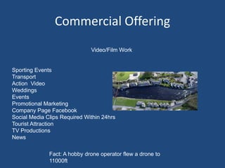 Commercial Offering
Video/Film Work
Sporting Events
Transport
Action Video
Weddings
Events
Promotional Marketing
Company Page Facebook
Social Media Clips Required Within 24hrs
Tourist Attraction
TV Productions
News
Fact: A hobby drone operator flew a drone to
11000ft
 