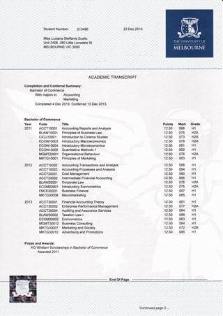 ACADEMIC TRANSCRIPT
Completion and Conferral Summary:
Bachelor of Commerce
With majors in: Accounting
Marketing
Completed 4 Dec 2013. Conferred'l 3 Dec 2013.
Bachelor of Commerce
Year Gode
2011 ACCT10001
BLAWIOOOl
ctcu10001
ECON10003
ECON10004
ECON10005
MGMT2OOOl
MKTGlOOOl
ACCT1OOO2
ACCT1OOO3
ACCT2OOOl
ACCT2OOO2
BLAW2OOO,l
ECOM20001
FNCE2OOOl
MKTG3OOOS
ACCT30001
ACCT3OOO2
ACCT3OO04
BLAW3OOO2
ECOM30002
MGMT3OO12
MKTG3OOOT
MKTG3OOlO
Title
Accounting Reports and Analysis
Principles of Business Law
lntroduction to Cinema Studies
I ntroductory Macroeconomics
I ntroductory M icroeconomics
Quantitative Methods 1
Organisational Behaviour
Principles of Marketing
Accounting Transactions and Analysis
Accounting Processes and Analysis
Cost Management
lntermediate Financial Accounting
Corporate Law
lntroductory Econometrics
Business Finance
Neuromarketing
Financial Accounting Theory
Enterprise Performance Management
Auditing and Assurance Services
Taxation Law I
Econometrics
Business Consulting
Marketing and Society
Advertising'and Promotions
2012
2013
Prizes and Awards:
AG Whitlam Scholarships in Bachelor of Commerce
Awarded 2011
Points Mark Grade
12.50 088 H1
12.50 075 H2A
12.50 073 HzB
12.50 079 HzA
12.50 081 H1
12.50 092 H1
12.50 076 HzA
12.50 083 H1
12.50 088 H1
12.50 084 H1
12.50 080 H1
12.50 085 H1
12.50 075 H2A
12.50 075 H2A
12.50 087 H1
12.50 085 H1
12.50 081 H1
12.50 077 H2A
12.50 084 H1
12.50 088 H1
12.s0 083 H1
12.50 084 Hl
12.50 072 H2B
12.50 085 H1
 