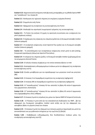 8
Εικόνα 4.13 : Αρχιτεκτονική Συστήματος πολυφωνικής μεταγραφής με τη μέθοδο Sparse ΝΜF
και “εκπαίδευση” του πίνακα W.
Εικόνα 5.1 : Κατάτμηση του ηχητικού σήματος σε επιμέρους τμήματα (frames)
Εικόνα 5.2 : Στιγμιότυπο ενός frame
Εικόνα 5.3 : Εφαρμογή της συνάρτηση της αυτοσυσχέτισης στο frame
Εικόνα 5.4 : Απαλοιφή του αριστερού συμμετρικού τμήματος της αυτοσυσχέτισης
Εικόνα 5.5 : To frame της εικόνας 5.4 χωρίς τις αρνητικές συνιστώσες και η ανίχνευση του
pitch (πράσινος κύκλος)
Εικόνα 5.6 : Η παράγωγος της ενέργειας του σήματος (μπλε) και το δυναμικό κατώφλι median
(κόκκινη γραμμή)
Εικόνα 5.7 : Η συνάρτηση ανίχνευσης onset Spectral Flux (μπλε) και το δυναμικό κατώφλι
median (κόκκινη γραμμή)
Εικόνα 5.8 : Τα αποτελέσματα των συναρτήσεων ανίχνευσης onset μετά το pick picking.
Ενεργειακή προσέγγιση (πάνω) και Spectral Flux (κάτω) .
Εικόνα 5.9 : Η ενέργεια του σήματος (μπλε), το δυναμικό κατώφλι median (μωβ γραμμή) και
τα εκτιμώμενα silenced frames
Εικόνα 5.10 : O τελικός πίνακας σύμφωνα με τον οποίο κατασκευάζεται το midi
Εικόνα 5.11 : Αναπαράσταση ευθυγραμισμένων πινάκων μετα την εφαρμογή της συνάρτηση
αυτοσυσχέτισης xcorr()
Εικόνα 5.12: Σύνολο μεταβλητών για τον προσδιορισμό των μετρητών recall και precision
[86]
Εικόνα 5.13 : O πίνακας V σε λογαριθμική συχνότητα της συνάρτησης logfsgram()
Εικόνα 5.14 : O πίνακας ΜΧ σε λογαριθμική συχνότητα της συνάρτησης logfsgram()
Εικόνα 5.15 : O “εκπαιδευμένος” πίνακας W που αποτελεί τη βάση 49 νοτών 6 αρμονικών
τους (χειροκίνητη υλοποίηση)
Εικόνα 5.16 : O “εκπαιδευμένος” πίνακας W που αποτελεί τη βάση 45 νοτών 6 αρμονικών
τους (ηχογραφημένες νότες κιθάρας)
Εικόνα 5.17 : O πίνακας Η μετά τη σύγκλιση του μέσω του Sparse NMF & Temporal Continuity
Εικόνα 5.18 : Ο Πίνακας Η μετά από (α) την επαναληπτική διαδικασία του NMF , (β) την
εφαρμογή του δυναμικού κατωφλίου median κατά στήλη και (γ) την εφαρμογή του
κατωφλίου βάσει το μέγιστο (max) του πίνακα
Εικόνα 5.19 : Ο πίνακας Η μετά την εξαγωγή των τοπικών μεγίστων (αριστερά) και μετά την
αντικατάσταση των μη-μηδενικών στοιχείων με την τιμή ένα (1) (δεξιά)
Εικόνα 5.20 : Επιβεβαίωση ευθυγράμμισης δύο δυσδιάστατων πινάκων μέσω της
συνάρτησης αυτοσυσχέτισης xcorr2()
 