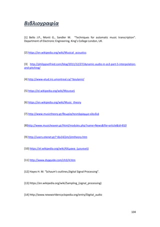 104
Βιβλιογραφία
[1] Bello J.P., Monti G., Sandler M. “Techniques for automatic music transcription”.
Department of Electronic Engineering, King’s College London, UK.
[2] https://en.wikipedia.org/wiki/Musical_acoustics
[3] http://philippseifried.com/blog/2011/12/27/dynamic-audio-in-as3-part-5-interpolation-
and-pitching/
[4] http://www-etud.iro.umontreal.ca/~boulanni/
[5] https://el.wikipedia.org/wiki/Μουσική
[6] https://en.wikipedia.org/wiki/Music_theory
[7] http://www.musictheory.gr/θεωρία/πεντάγραμμο-κλειδιά
[8]http://www.musicheaven.gr/html/modules.php?name=News&file=article&id=810
[9] http://users.otenet.gr/~djv14/jim/jimtheory.htm
[10] https://el.wikipedia.org/wiki/Κλίμακα_(μουσική)
[11] http://www.dspguide.com/ch3/4.htm
[12] Hayes H. Μ. “Schaum’s outlines,Digital Signal Processing”.
[13] https://en.wikipedia.org/wiki/Sampling_(signal_processing)
[14] http://www.newworldencyclopedia.org/entry/Digital_audio
 