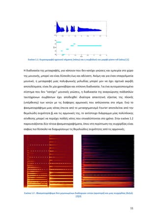 11
Εικόνα 1.1: Κυματομορφή ηχητικού σήματος (πάνω) και η συμβολική του μορφή-piano roll (κάτω) [1]
Η διαδικασία της μεταγραφής, για κάποιον που δεν κατέχει γνώσεις και εμπειρία στο χώρο
της μουσικής, μπορεί να είναι δύσκολη έως και αδύνατη. Ακόμη και για έναν επαγγελματία
μουσικό, η μεταγραφή μιας πολυφωνικής μελωδίας μπορεί μεν να έχει σχετικά ακριβή
αποτελέσματα, είναι δε μία χρονοβόρα και επίπονη διαδικασία. Για ένα αυτοματοποιημένο
σύστημα που δεν “κατέχει” μουσικές γνώσεις, η διαδικασία της αναγνώρισης πολλαπλών
ταυτόχρονων συμβάντων έχει αποδειχθεί ιδιαίτερα απαιτητική εξαιτίας της πλοκής
(υπέρθεσης) των νοτών με τις διάφορες αρμονικές που απλώνονται στο σήμα. Ενώ το
φασματογράφημα μιας νότας έπειτα από το μετασχηματισμό Fourier αποτελείται από την
θεμελιώδη συχνότητα fo και τις αρμονικές της, το αντίστοιχο διάγραμμα μίας πολύπλοκης
σύνθεσης μπορεί να περιέχει πολλές νότες που επικαλύπτονται στο χρόνο. Στην εικόνα 1.2
παρουσιάζονται δύο τέτοια φασματογραφήματα, όπου στη περίπτωση της συγχορδίας είναι
σαφώς πιο δύσκολο να διαχωρίσουμε τις θεμελιώδεις συχνότητες από τις αρμονικές.
Εικόνα 1.2 : Φασματογράφημα δύο μεμονωμένων διαδοχικών νοτών (αριστερά) και μιας συγχορδίας (δεξιά)
[2][3]
 