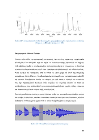55
Εικόνα 3.17 : Δυναμικό κατώφλι median (διακεκομμένη γραμμή) εφαρμοσμένο στη συνδυαστική συνάρτηση
(Ενέργειας και Φάσης) εκτίμησης onset [60]
Εκτίμηση των silenced frames
Το τελευταίο στάδιο της μονοφωνικής μεταγραφής είναι αυτό της ανίχνευσης των χρονικών
διαστημάτων που επικρατεί σιγή στο σήμα. Για να είναι δυνατή η κατασκευή του αρχείου
midi αφού ανιχνευθεί το onset μιας νότας πρέπει στη συνέχεια να εκτιμήσουμε το διάστημα
στο οποίο εκείνη είναι ενεργή. Αυτό είναι εφικτό με τον προσδιορισμό του offset της νότας.
Αυτά ακριβώς τα διαστήματα, από το offset της νότας μέχρι το onset της επόμενης,
ονομάζουμε silenced frames. Η διαδικασία εκτίμησης των silenced frames είναι σχετικά απλή
και γρήγορη. Συγκρίνοντας, λοιπόν, την ενέργεια του κάθε frame με την τιμή του κατωφλίου
που έχει προσαρμοστεί δυναμικά στην ενέργεια του σήματος, είμαστε σε θέση να
αποφασίσουμε ποια από αυτά τα frames παρουσιάζουν ιδιαίτερα χαμηλή στάθμη ενέργειας
και άρα αντιστοιχούν σε στιγμές σιγής στο σήμα μας.
Έχοντας προσδιορίσει τα οnsets και τα ύψη των νοτών του μουσικού σήματος μέσα από τις
αντίστοιχες συναρτήσεις αλλά και τα silenced frames με την παραπάνω διαδικασία, είμαστε
σε θέση να συνθέσουμε το αρχείο midi το οποίο θα αξιολογήσουμε στη συνέχεια.
Εικόνα 3.18 : Silenced frame ενός ηχητικού αποσπάσματος
silenced frame
 