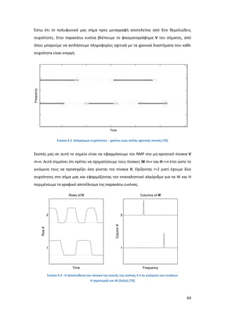 64
Έστω ότι το πολυφωνικό μας σήμα προς μεταγραφή αποτελείται από δύο θεμελιώδεις
συχνότητες. Στην παρακάτω εικόνα βλέπουμε το φασματογράφημα V του σήματος, από
όπου μπορούμε να αντλήσουμε πληροφορίες σχετικά με τα χρονικά διαστήματα που κάθε
συχνότητα είναι ενεργή.
Εικόνα 4.3 Διάγραμμα συχνότητας – χρόνου μιας απλής ηχητικής σκηνής [70]
Σκοπός μας σε αυτό το σημείο είναι να εφαρμόσουμε τον NMF στο μη-αρνητικό πίνακα V
m×n. Αυτό σημαίνει ότι πρέπει να σχηματίσουμε τους πίνακες W m×r και Η r×n έτσι ώστε το
γινόμενο τους να προσεγγίζει όσο γίνεται τον πίνακα V. Ορίζοντας r=2 γιατί έχουμε δύο
συχνότητες στο σήμα μας και εφαρμόζοντας τον επαναληπτικό αλγόριθμο για τα W και Η
περιμένουμε το γραφικό αποτέλεσμα της παρακάτω εικόνας.
Εικόνα 4.4 : Η αποσύνθεση του πίνακα της σκηνής της εικόνας 4.3 σε γινόμενο των πινάκων
H (αριστερά) και W (δεξιά) [70]
 