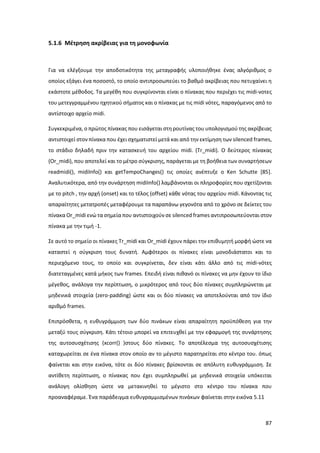 87
5.1.6 Μέτρηση ακρίβειας για τη μονοφωνία
Για να ελέγξουμε την αποδοτικότητα της μεταγραφής υλοποιήθηκε ένας αλγόριθμος ο
οποίος εξάγει ένα ποσοστό, το οποίο αντιπροσωπεύει το βαθμό ακρίβειας που πετυχαίνει η
εκάστοτε μέθοδος. Τα μεγέθη που συγκρίνονται είναι ο πίνακας που περιέχει τις midi-νοτες
του μετεγγραμμένου ηχητικού σήματος και ο πίνακας με τις midi νότες, παραγόμενος από το
αντίστοιχο αρχείο midi.
Συγκεκριμένα, ο πρώτος πίνακας που εισάγεται στη ρουτίνας του υπολογισμού της ακρίβειας
αντιστοιχεί στον πίνακα που έχει σχηματιστεί μετά και από την εκτίμηση των silenced frames,
το στάδιο δηλαδή πριν την κατασκευή του αρχείου midi. (Tr_midi). O δεύτερος πίνακας
(Οr_midi), που αποτελεί και το μέτρο σύγκρισης, παράγεται με τη βοήθεια των συναρτήσεων
readmidi(), midiInfo() και getTempoChanges() τις οποίες ανέπτυξε ο Ken Schutte [85].
Αναλυτικότερα, από την συνάρτηση midiInfo() λαμβάνονται οι πληροφορίες που σχετίζονται
με το pitch , την αρχή (οnset) και το τέλος (offset) κάθε νότας του αρχείου midi. Kάνοντας τις
απαραίτητες μετατροπές μεταφέρουμε τα παραπάνω γεγονότα από το χρόνο σε δείκτες του
πίνακα Or_midi ενώ τα σημεία που αντιστοιχούν σε silenced frames αντιπροσωπεύονται στον
πίνακα με την τιμή -1.
Σε αυτό το σημείο οι πίνακες Τr_midi και Οr_midi έχουν πάρει την επιθυμητή μορφή ώστε να
καταστεί η σύγκριση τους δυνατή. Αμφότεροι οι πίνακες είναι μονοδιάστατοι και το
περιεχόμενο τους, το οποίο και συγκρίνεται, δεν είναι κάτι άλλο από τις midi-νότες
διατεταγμένες κατά μήκος των frames. Επειδή είναι πιθανό οι πίνακες να μην έχουν το ίδιο
μέγεθος, ανάλογα την περίπτωση, ο μικρότερος από τους δύο πίνακες συμπληρώνεται με
μηδενικά στοιχεία (zero-padding) ώστε και οι δύο πίνακες να αποτελούνται από τον ίδιο
αριθμό frames.
Επιπρόσθετα, η ευθυγράμμιση των δύο πινάκων είναι απαραίτητη προϋπόθεση για την
μεταξύ τους σύγκριση. Κάτι τέτοιο μπορεί να επιτευχθεί με την εφαρμογή της συνάρτησης
της αυτοσυσχέτισης (xcorr() )στους δύο πίνακες. To αποτέλεσμα της αυτοσυσχέτισης
καταχωρείται σε ένα πίνακα στον οποίο αν το μέγιστο παρατηρείται στο κέντρο του. όπως
φαίνεται και στην εικόνα, τότε οι δύο πίνακες βρίσκονται σε απόλυτη ευθυγράμμιση. Σε
αντίθετη περίπτωση, ο πίνακας που έχει συμπληρωθεί με μηδενικά στοιχεία υπόκειται
ανάλογη ολίσθηση ώστε να μετακινηθεί το μέγιστο στο κέντρο του πίνακα που
προαναφέραμε. Ένα παράδειγμα ευθυγραμμισμένων πινάκων φαίνεται στην εικόνα 5.11
 