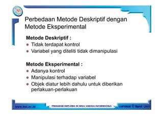 Metode Deskriptif :
Tidak terdapat kontrol
Variabel yang diteliti tidak dimanipulasi
Metode Eksperimental :
Adanya kontrol
Manipulasi terhadap variabel
Objek diatur lebih dahulu untuk diberikan
perlakuan-perlakuan
Perbedaan Metode Deskriptif dengan
Metode Eksperimental
 