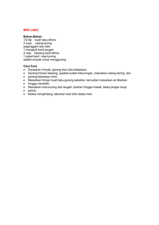 MEE LABU
Bahan-Bahan
1/2 biji buah labu-dihiris
2 sudu udang kering
segenggam ikan bilis
1 mangkuk kecil taugeh
2 ulas bawang kecil-dihiris
1 paket kecil mee kuning
sedikit minyak untuk menggoreng
Cara Cara
• Panaskan minyak, goreng ikan bilis.Ketepikan.
• Goreng hirisan bawang, apabila sudah kekuningan, masukkan udang kering, dan
• goreng beberapa minit.
• Masukkan hirisan buah labu,goreng seketika, kemudian masukkan air.Biarkan
• hingga mendidih.
• Masukkan mee kuning dan taugeh, biarkan hingga masak, tetapi jangan tutup
• periuk.
• Ketika menghidang, taburkan ikan bilis diatas mee.
 