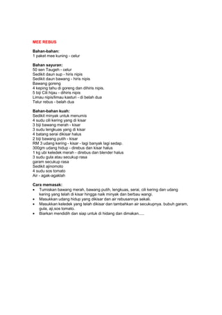 MEE REBUS
Bahan-bahan:
1 paket mee kuning - celur
Bahan sayuran:
50 sen Taugeh - celur
Sedikit daun sup - hiris nipis
Sedikit daun bawang - hiris nipis
Bawang goreng
4 keping tahu di goreng dan dihiris nipis.
5 biji Cili hijau - dihiris nipis
Limau nipis/limau kasturi - di belah dua
Telur rebus - belah dua
Bahan-bahan kuah:
Sedikit minyak untuk menumis
4 sudu cili kering yang di kisar
3 biji bawang merah - kisar
3 sudu lengkuas yang di kisar
4 batang serai dikisar halus
2 biji bawang putih - kisar
RM 3 udang kering - kisar - lagi banyak lagi sedap.
300gm udang hidup - direbus dan kisar halus
1 kg ubi keledek merah - direbus dan blender halus
3 sudu gula atau secukup rasa
garam secukup rasa
Sedikit ajinomoto
4 sudu sos tomato
Air - agak-agaklah
Cara memasak:
• Tumiskan bawang merah, bawang putih, lengkuas, serai, cili kering dan udang
kering yang telah di kisar hingga naik minyak dan berbau wangi.
• Masukkan udang hidup yang dikisar dan air rebusannya sekali.
• Masukkan keledek yang telah dikisar dan tambahkan air secukupnya. bubuh garam,
gula, aji,sos tomato.
• Biarkan mendidih dan siap untuk di hidang dan dimakan.....
 