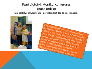 Pani dietetyk Monika Konieczna 
(nasz rodzic) 
Pani dietetyk przypomniała jak ważna jest dla dzieci kanapka. 
Kanapka jest pożywną, smaczną i zdrową 
przekąską. Zwłaszcza, że w sprytny sposób 
można w niej ukryć wiele witamin zawartych 
w warzywach. Najważniejszym składnikiem 
kanapki jest pieczywo. To element, któr y 
dostarcza węglowodanów (cukrów), czyli 
źródła energii. Najlepiej jak jest to 
pełnoziarniste pieczywo, zawiera błonnik 
który zapewnia prawidłową pracę jelit. 
 