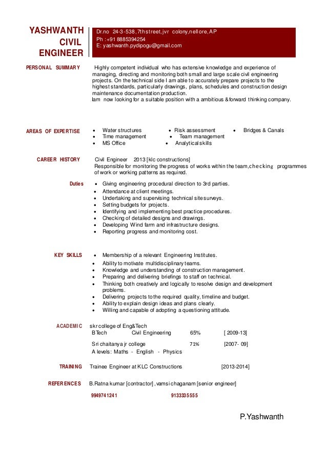 2 btech civil engineer resume resume of civil engineer