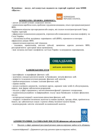 Функціонал послуг, які планується надавати на території сервісної зони КПВВ
«Щастя»:
БЕЗОПЛАТНА ПРАВОВА ДОПОМОГА
- доступ ...