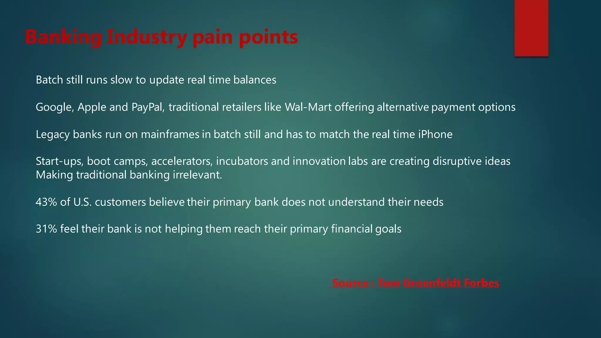 Banking Industry pain points
Batch still runs slow to update real time balances
Google, Apple and PayPal, traditional retailers like Wal-Mart offering alternative payment options
Legacy banks run on mainframes in batch still and has to match the real time iPhone
Start-ups, boot camps, accelerators, incubators and innovation labs are creating disruptive ideas
Making traditional banking irrelevant.
43% of U.S. customers believe their primary bank does not understand their needs
31% feel their bank is not helping them reach their primary financial goals
Source : Tom Groenfeldt Forbes
 