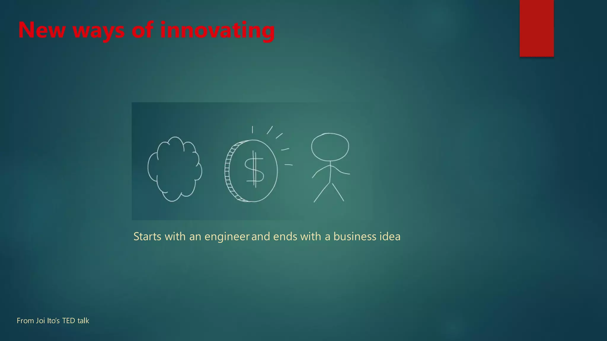 New ways of innovating
From Joi Ito’s TED talk
Starts with an engineer and ends with a business idea
 