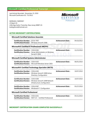 ID: 7537815
Last Activity Recorded : November 23, 2010
Microsoft Certification ID : 7537815
MORGAN J SWEENEY
25 Beach Dr
Little Egg harbor Township, New Jersey 08087 US
bobbyphunk@hotmail.com
ACTIVE MICROSOFT CERTIFICATIONS:
Microsoft Certified Solutions Associate
Microsoft® Certified IT Professional ﴾MCITP﴿
Microsoft Certified Systems Administrator
Microsoft® Certified Technology Specialist ﴾MCTS﴿
Microsoft Certified Professional
MICROSOFT CERTIFICATION EXAMS COMPLETED SUCCESSFULLY:
Certification Number : D719-7997 04/16/2012Achievement Date :
Certification/Version : Windows Server® 2008
Certification Number : C036-6385 11/23/2010Achievement Date :
Certification/Version : Server Administrator on Windows
Server® 2008
Certification Number : C036-6365 06/01/2010Achievement Date :
Certification/Version : Microsoft Windows Server 2003
Certification Number : C036-6383 10/07/2010Achievement Date :
Certification/Version : Windows Server® 2008 Active
Directory, Configuration
Certification Number : C036-6384 10/07/2010Achievement Date :
Certification/Version : Windows Server® 2008 Network
Infrastructure, Configuration
Certification Number : C036-6387 05/27/2010Achievement Date :
Certification/Version : Windows® 7, Configuration
Certification Number : C036-6361 05/11/2010Achievement Date :
Certification/Version : MCP 2.0 -- Certified Professional
 