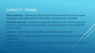CAPACITY TERMS
Rated capacity - theoretical output that could be attained if a process were
operating at full speed without interruption, exceptions, or downtime
Effective capacity - takes into account the efficiency with which a particular
product or customer can be processed, and the utilization of the scheduled
hours of work
Utilization – percentage of available working time actually used
Efficiency - how well a machine or worker performs compared to a standard
output level
Load - standard hours of work (or equivalent units of production) assigned to a
production facility.
•
 