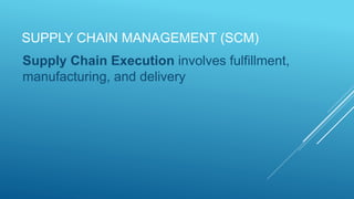 SUPPLY CHAIN MANAGEMENT (SCM)
Supply Chain Execution involves fulfillment,
manufacturing, and delivery
 