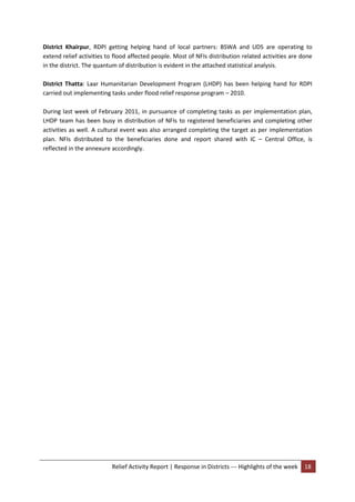 Relief Activity Report | Response in Districts --- Highlights of the week 18
District Khairpur, RDPI getting helping hand of local partners: BSWA and UDS are operating to
extend relief activities to flood affected people. Most of NFIs distribution related activities are done
in the district. The quantum of distribution is evident in the attached statistical analysis.
District Thatta: Laar Humanitarian Development Program (LHDP) has been helping hand for RDPI
carried out implementing tasks under flood relief response program – 2010.
During last week of February 2011, in pursuance of completing tasks as per implementation plan,
LHDP team has been busy in distribution of NFIs to registered beneficiaries and completing other
activities as well. A cultural event was also arranged completing the target as per implementation
plan. NFIs distributed to the beneficiaries done and report shared with IC – Central Office, is
reflected in the annexure accordingly.
 