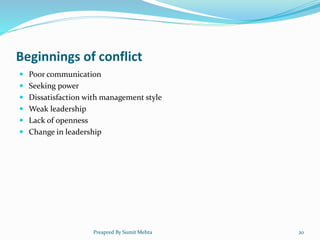Beginnings of conflict
 Poor communication
 Seeking power
 Dissatisfaction with management style
 Weak leadership
 La...