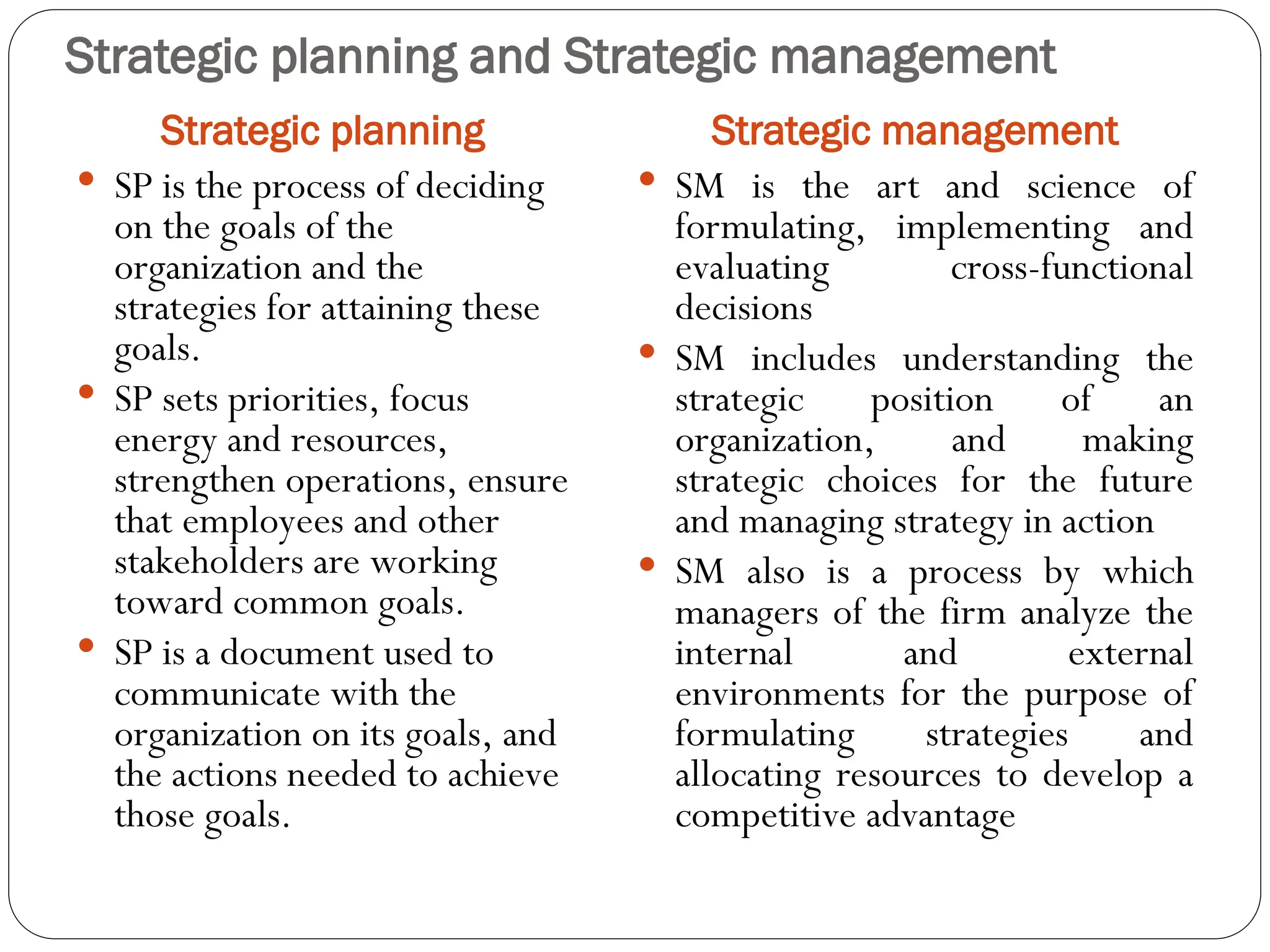Strategic planning and Strategic management
Strategic planning Strategic management
 SP is the process of deciding
on the goals of the
organization and the
strategies for attaining these
goals.
 SP sets priorities, focus
energy and resources,
strengthen operations, ensure
that employees and other
stakeholders are working
toward common goals.
 SP is a document used to
communicate with the
organization on its goals, and
the actions needed to achieve
those goals.
 SM is the art and science of
formulating, implementing and
evaluating cross-functional
decisions
 SM includes understanding the
strategic position of an
organization, and making
strategic choices for the future
and managing strategy in action
 SM also is a process by which
managers of the firm analyze the
internal and external
environments for the purpose of
formulating strategies and
allocating resources to develop a
competitive advantage
 