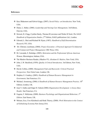 100
References
 Ken, Blakemore and Edwin Griggs, (2007). Social Policy: an Introduction, New York,
USA.
 Diane, L. Huber, (2006). Leadership and Nursing Care Management, 3rd Edition,
Elsevier, USA.
 Stewart, R. Clegg, Cynthia Hardy, Thomas B Lawrence and Walter R Nord, The SAGE
Handbook of Organization Studies, 2nd
Edition, SAGE publications Ltd., London.
 Edward, L. Deci and Richard M. Ryan, (1987). Handbook of Self-Determination
Research, NY, USA.
 Dr. Chitram, Lutchman, (2004). Project Execution: A Practical Approach To Industrial
and Commercial Project Management, CRC Press, USA.
 Dr. Lawanda, S. Rutledge, (2005). Motivation and the Professional African American
Woman, Bloomington, Indiana, USA.
 The Maslow Business Reader, (Maslow 97). Abraham H. Maslow, New York, USA.
 John, L.W. Beckford, (1959). Quality A Critical Introduction, 3rd Edition, New York,
USA.
 David, Collins, (2000). Management Fads and Buzzwords: Critical-Practical
Perspectives, New Fetter Lane, London, UK.
 Stephen, E. Condrey, (2005). Handbook of Human Resource Management in
Government, San Francisco, CA.
 Michael, Armstrong, (2006) A Handbook of Human Resource Management Practice, 10th
Edition, London, UK.
 Joan V. Gallos and Edgar H. Schein (2006) Organization Development: A Jossey-Bass
Reader, San Francisco, CA.
 Eugene, F. McKenna, (2000). Business Psychology and Organizational Behaviour, 3rd
Edition, East Sussex, UK.
 Miriam, Erez, Uwe Kleinbeck and Henk Thierry, (2008). Work Motivation in the Context
of Globalizing Economy,New Jersey,USA.
 