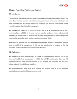 47
Chapter Four: Data Findings and Analysis
4.1. Introduction
The researcher has outlined of design of questions to address the motivation factors, factors that
cause dissatisfaction, customer satisfaction survey, measurement of customer satisfaction and
some suggestion from the customer perspective. The factors also identified can be used as further
research to analyze the relationship among them.
The questionnaire starts with ten motivating factors that are to be ranked to find out the most
motivating factors in HSBC. In the same way there are other ten factors that are to be identified
for employee dissatisfaction. In this way there are some other questions that are used to gain the
most suitable factors that can be sued to retain its employees in HSBC.
There are other questions that have been set for knowing about the HSBC management from the
lower or middle level management. In this way the questionnaire is designed so that the
researcher can find out all the answer for research objectives.
4.2. Explanation
The researcher has taken sample as many as 120 and the random sampling has been used for the
lower and middle level management of HSBC. Out of 120 questionnaires there are 100
questionnaires have been received and used in data analysis. The researcher has been used
tabular and some pictorial format of analysis.
The explanations have been given in bar diagram and pie chart. First of all the researcher
identified the demography of the employee surveyed.
 