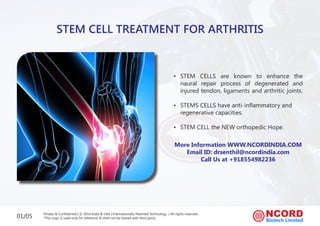 STEM CELL TREATMENT FOR ARTHRITIS
•	 STEM CELLS are known to enhance the
naural repair process of degenerated and	
injured tendon, ligaments and arthritic joints.	
•	 STEMS CELLS have anti-inflammatory and
regenerative capacities.	
•	 STEM CELL the NEW orthopedic Hope.
More Information WWW.NCORDINDIA.COM
Email ID: drsenthil@ncordindia.com
Call Us at +918554982236
01/05 Private & Confidential | © 2014 India & USA | Internationally Patented Technology  | All rights reserved
*The Logo is used only for reference & shall not be shared with third party.
 