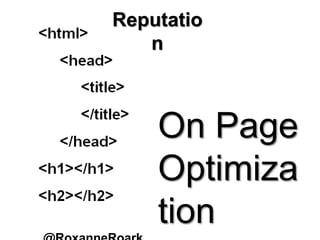 Reputatio
n
On Page
Optimiza
tion
 