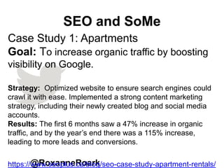 SEO and SoMe
@RoxanneRoark
Case Study 1: Apartments
Goal: To increase organic traffic by boosting
visibility on Google.
Strategy: Optimized website to ensure search engines could
crawl it with ease. Implemented a strong content marketing
strategy, including their newly created blog and social media
accounts.
Results: The first 6 months saw a 47% increase in organic
traffic, and by the year’s end there was a 115% increase,
leading to more leads and conversions.
https://www.seoplus.ca/blog/seo-case-study-apartment-rentals/
 
