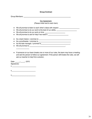 Group Contract 
Group Members: ___________________________________________________ 
Our Agreement: 
(Please initial next to each item) 
● We all promise to listen to each other’s ideas with respect. ______________________
● We all promise to do our work to the best of our ability. ______________________
● We all promise to do our work on time. ______________________
● We all promise to ask for help if we need it. ______________________
● As a team liaison, I promise to ___________________________________
● As a proofreader, I promise to ___________________________________
● As the task manager, I promise to________________________________
● We all promise to _______________________________________.
______________
● If someone on our team breaks one or more of our rules, the team may have a meeting
and ask the person to follow our agreement. If the person still breaks the rules, we will
ask our teacher to help ﬁnd a solution.
Date: _____­_____­ 2015 
Signatures:  
x __________________________ 
x__________________________ 
x__________________________ 
24
 