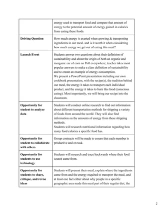 energy used to transport food and compare that amount of 
energy to the potential amount of energy gained in calories 
from eating these foods. 
Driving Question  How much energy is exerted when growing & transporting 
ingredients in our meal, and is it worth it when considering 
how much energy we get out of eating this meal? 
Launch Event  Students answer two questions about their definition of 
sustainability and about the origin of both an organic and 
inorganic ear of corn on Poll everywhere; teacher takes most 
popular answers to make a class definition of sustainability 
and to create an example of energy consumption. 
We present a PowerPoint presentation including our own 
cookbook presentation, with the recipe(s), the tradition behind 
our meal, the energy it takes to transport each individual 
product, and the energy it takes to burn this food (conscious 
eating). Most importantly, we will bring our recipe into the 
classroom. 
Opportunity for 
student to analyze 
data 
Students will conduct online research to find out information 
about different transportation methods for shipping a variety 
of foods from around the world. They will also find 
information on the amounts of energy from these shipping 
methods. 
Students will research nutritional information regarding how 
many food calories a specific food has. 
Opportunity for 
student to collaborate 
with others 
Group contracts will be made to assure that each member is 
productive and on task. 
Opportunity for 
students to use 
technology 
Students will research and trace backwards where their food 
source came from. 
Opportunity for 
students to share, 
critique, and revise 
ideas 
Students will present their meal, explain where the ingredients 
came from and the energy required to transport the meal, and 
at least one fact either about why people in a specific 
geographic area made this meal part of their regular diet, the 
2
 