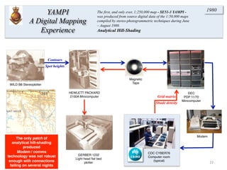 22	
  
1980
YAMPI
A Digital Mapping
Experience
The first, and only ever, 1;250,000 map - SE51-3 YAMPI -
was produced from source digital data of the 1:50,000 maps
compiled by stereo-photogrammetric techniques during June
– August 1980.
Analytical Hill-Shading
CDC CYBER76
Computer room
(typical)
Modem
Magnetic
TapeWILD B8 Stereoplotter
HEWLETT PACKARD
2100A Minicomputer
GERBER 1232
Light head ﬂat bed
plotter
DEC
PDP 11/70
Minicomputer
Contours
Spot heights
Grid matrix
Shade density
The only patch of
analytical hill-shading
produced
Modem / comms
technology was not robust
enough with connections
failing on several nights
 