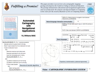 Vision – CARTOGRAPHIC INFORMATION SYSTEM
Projections, transformations, spherical trigonometry
Natural language interactive communication
Query languages
Recursive & heuristic algorithms
Automated
Cartography
with
Navigational
Applications
R.J.Williams MAIC
24	
  
Fulfilling a Promise!
1980This paper provides is an overview of a cartographic mapping
package developed at the Canberra College of Advanced Education.
The package demonstrates educational and navigational applications
and was produced for the semester unit Special Studies in Computing
in the course for the award of Bachelor of Arts in Computing Studies.
 
