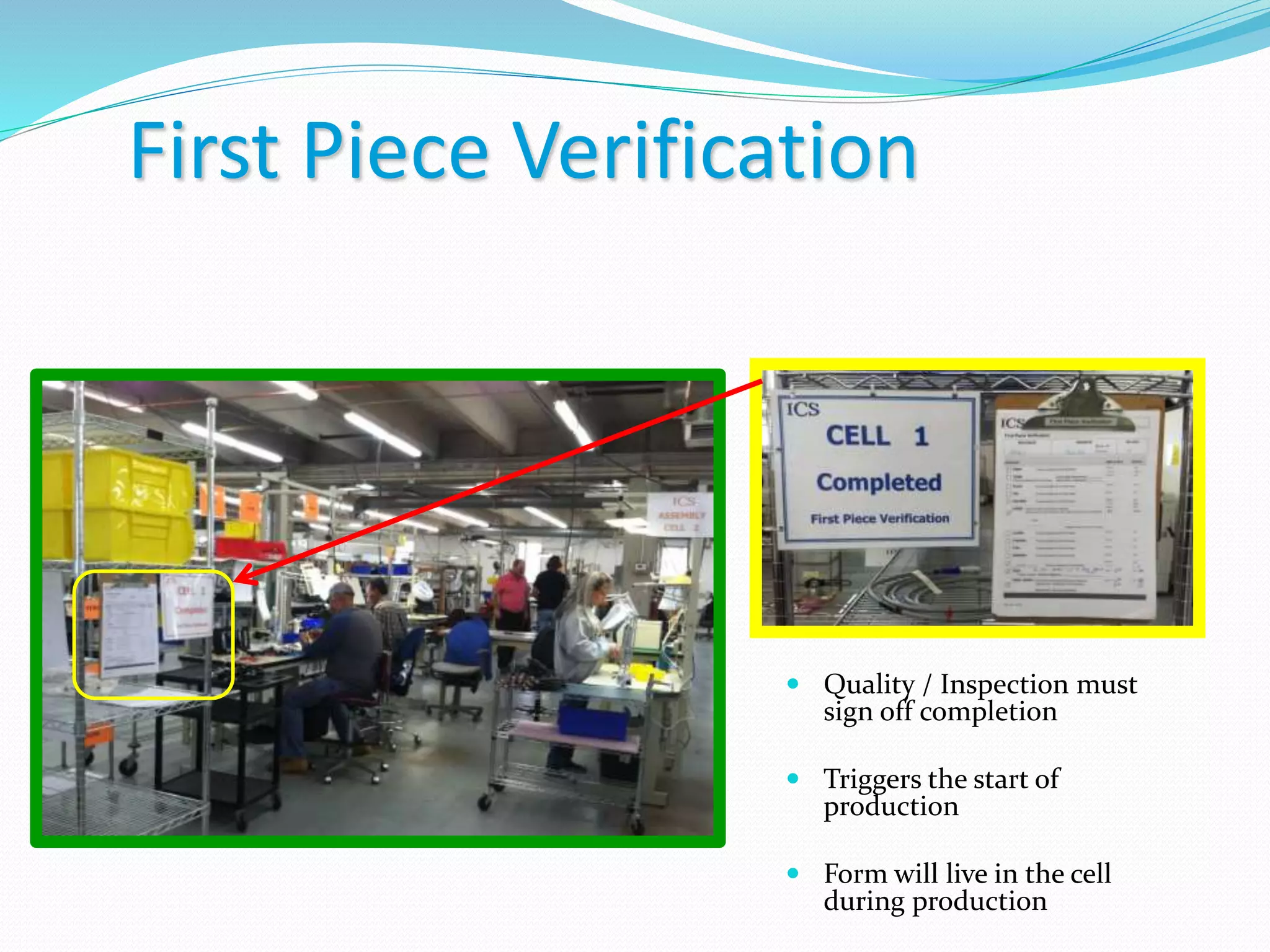 First Piece Verification
 Quality / Inspection must
sign off completion
 Triggers the start of
production
 Form will live in the cell
during production
 