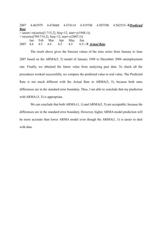 2007 4.463979 4.474668 4.474114 4.519748 4.507390 4.562515-Predicted
Rate
> unem<-ts(series[1:715,2], freq=12, start=c(1948,1))
> ts(series[709:714,2], freq=12, start=c(2007,1))
Jan Feb Mar Apr May Jun
2007 4.6 4.5 4.4 4.5 4.5 4.5-- Actual Rate
The result above gives the forecast values of the time series from January to June
2007 based on the ARMA(5, 5) model of January 1948 to December 2006 unemployment
rate. Finally, we obtained the future value from analyzing past data. To check all the
procedures worked successfully, we compare the predicted value to real value. The Predicted
Rate is not much different with the Actual Rate in ARMA(5, 5), because both rates
differences are in the standard error boundary. Thus, I am able to conclude that my prediction
with ARMA (5, 5) is appropriate.
We can conclude that both ARMA (1, 1) and ARMA(5, 5) are acceptable, because the
differences are in the standard error boundary. However, higher ARMA model prediction will
be more accurate than lower ARMA model even though the ARMA(1, 1) is easier to deal
with data.
 