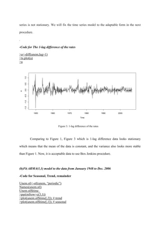 series is not stationary. We will fix the time series model to the adaptable form in the next
procedure.
.
-Code for The 1-lag difference of the rates
>a<-diff(unem,lag=1)
>ts.plot(a)
>a
Figure 3. 1-lag difference of the rates
Comparing to Figure 1, Figure 3 which is 1-lag difference data looks stationary
which means that the mean of the data is constant, and the variance also looks more stable
than Figure 1. Now, it is acceptable data to use Box Jenkins procedure.
(b)Fit ARMA(1,1) model to the data from January 1948 to Dec. 2006
-Code for Seasonal, Trend, remainder
Unem.stl<-stl(unem, “periodic”)
Names(unem.stl)
Unem.stl$time
>par(mfrow=c(3,1))
>plot(unem.stl$time[,2]); # trend
>plot(unem.stl$time[,1]); # seasonal
Time
a
1950 1960 1970 1980 1990 2000
-1.5-1.0-0.50.00.51.0
 