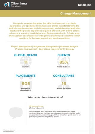 Oliver James Associates
Recruitment Specialists
Discipline
Discipline
Actuarial
GLOBAL REACH
PLACEMENTS CONSULTANTS
CLIENTS
Change Management
Project Management | Programme Management | Business Analysis
Process Improvement | Operational Improvement | Strategy
countries
across the
globe in 2015
across the globe
repeat business
11
605 16
85%
HR Business Partner
Life Insurer (London)
“Having partnered with Oliver James Associates to support our Change
recruitment, I can say that I have been pleasantly surprised by the high level of
service and communication throughout. Oliver James have quickly become our
go-to agency when requiring Change resource.”
What do our clients think about us?
Change is a unique discipline that affects all areas of our clients
operations. Our specialist consultants are skilled in understanding the
intricate requirements of each Change project and delivering candidates
that have the precise experience required. We work with clients across
all sectors, sourcing candidates from Business Analyst to C-Suite level.
Our expertise encompasses contingency, retained and executive search
solutions for both permanent and interim positions.
 